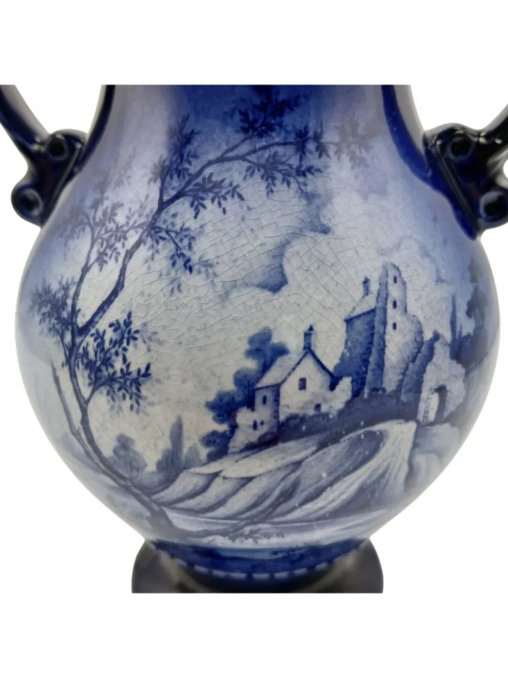 Oldcourt Ware Staffordshire Blue Transferware Vase Double Handle Hand Painted 7.